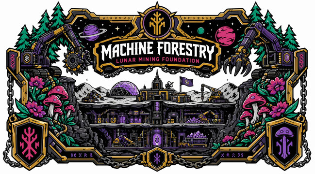 Colorful Pixel Art Machine Forestry Festival Poster Design.