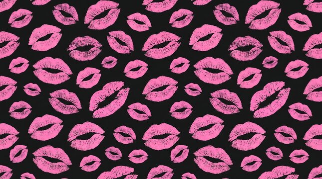Seamless pattern with pink lipstick kiss marks on black background