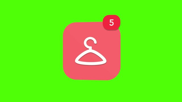 A 3D classic clothes hanger aluminum wire plastic wardrobe boutique garment notification icon popping up and rotating on a green screen chroma key background with a red number counter animation.