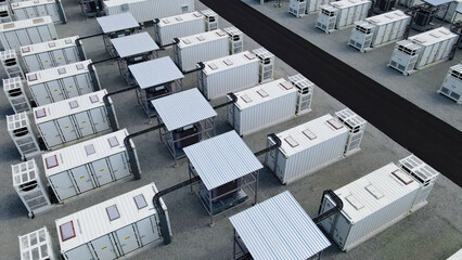 Battery energy storage system container park with inverter stations and connecting cables, creating a modern infrastructure for sustainable power and green energy solutions on a large scale © Dark Artistic