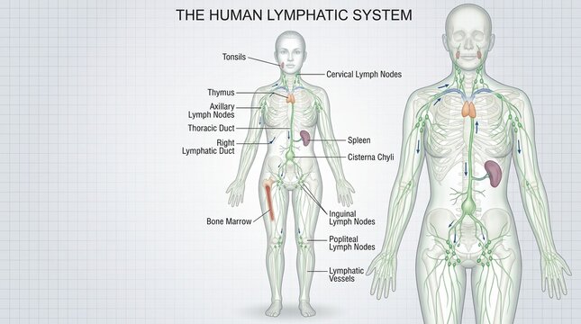 Detailed medical illustration of the human lymphatic system including lymph nodes, thymus, spleen, and vessels labeled on a female body diagram.