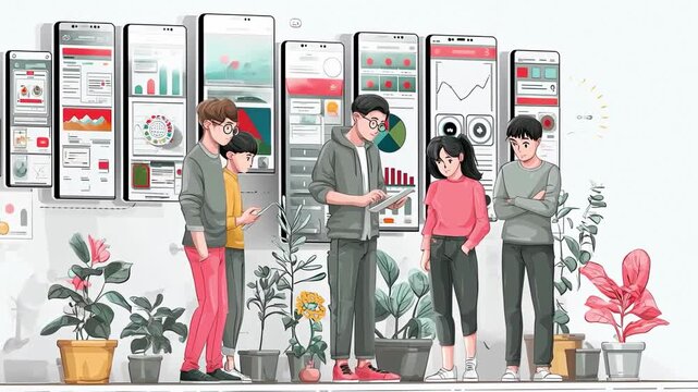 The development team is discussing tablet app interfaces in front of a wall displaying screen mock-ups, creating a contemporary backdrop for discussions on digital design and start-ups.
