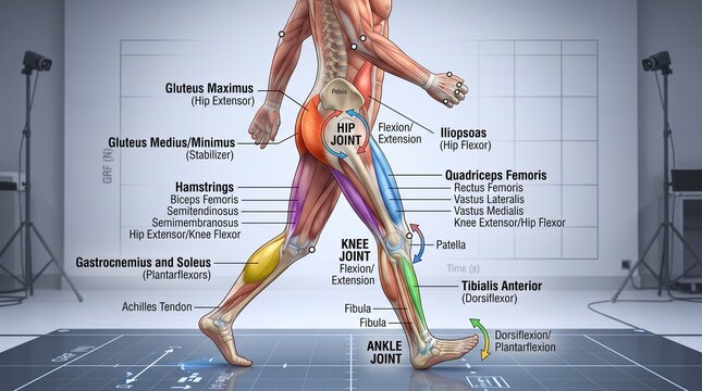 Biomechanical illustration of human leg muscles and joints during walking gait cycle in a motion capture laboratory setting.