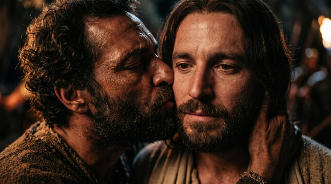 Man kissing another man to betray him, the Judas kiss in a dark olive grove marking the Passion event of Easter
