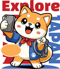 Naklejka premium Cute cartoon Shiba Inu dog mascot character taking a selfie photo with a smartphone while traveling in Japan