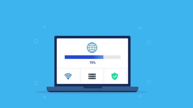 Modern flat vector animation of a laptop displaying a network dashboard with globe, wireless signal, security status, and progress bar. Ideal for internet, connectivity, software, and web technology p