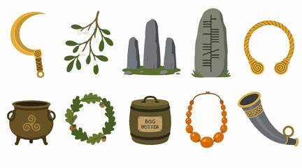 Collection of ancient and rustic decorative objects illustration. © Margaretha