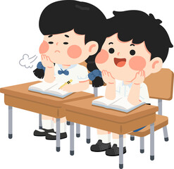 Happy Children Studying at School Desks