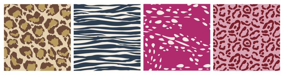 Naklejka premium Realistic set of seamless animal patterns. Vector illustration of psychedelic Y2K leopard, tiger or zebra motifs, in brown, pink, black and white, abstract groovy zoo print, retro style fashion design