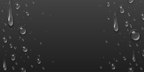Obraz premium 3d water droplets on black glass surface, transparent dew with realistic texture, vector frame border. Fresh drops or liquid bubbles dripping down, natural rain pattern on dark wet background