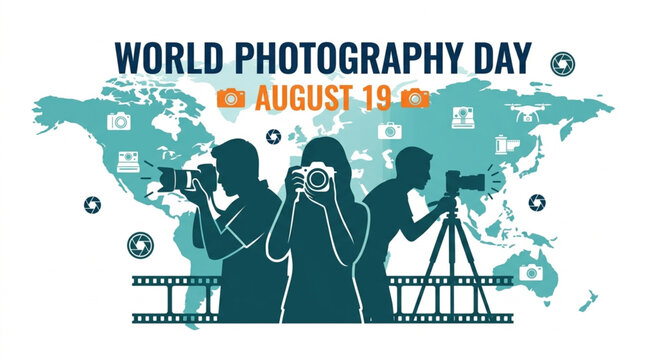 Silhouettes of photographers capturing moments globally on World Photography Day, August 19, against a map background with camera icons and film strips
