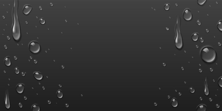 3d water droplets on black glass surface, transparent dew with realistic texture, vector frame border. Fresh drops or liquid bubbles dripping down, natural rain pattern on dark wet background
