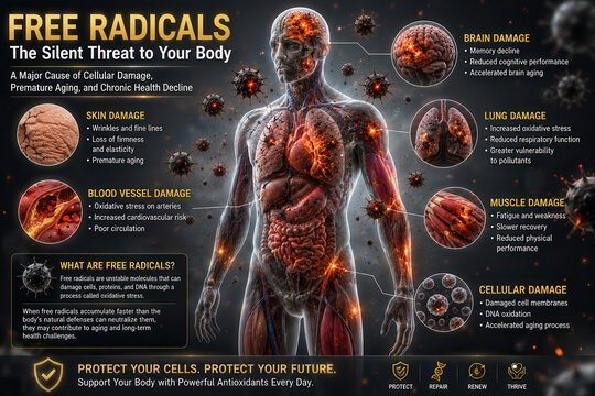 Free Radicals: The Silent Threat: This graphic visualizes the detrimental effects of free radicals on the human body, illustrating damage to skin, blood vessels, lungs, brain, muscles, and cells.