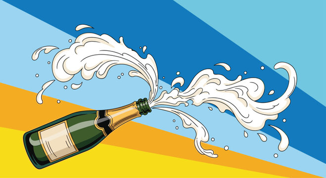 Celebration concept featuring an exploding champagne bottle with white foam splashing against a vibrant background.