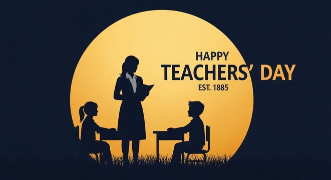 Teacher helping students silhouette with sun background