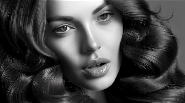 A black-and-white portrait of a woman with perfect curls highlights the texture of her hair, creating an elegant backdrop for advertisements for beauty salons and luxury cosmetics.

