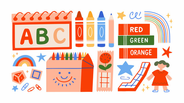 Colorful school supplies illustration featuring crayons building blocks and alphabet letters art materials abc educational
