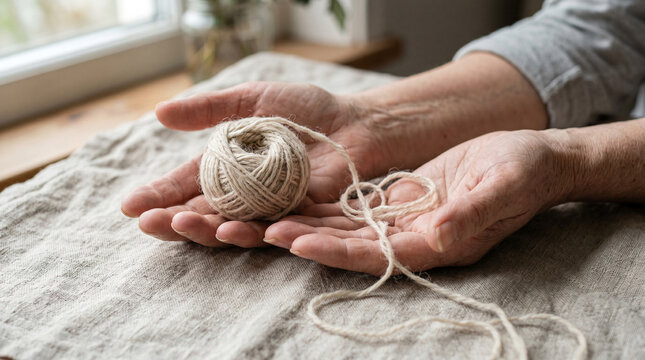 Open hands holding unravelling thread calm mindful wellbeing soft natural light