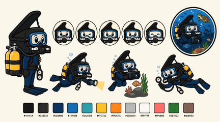Cartoon Scuba Diver Character Set with Equipment and Colors. © Tresno