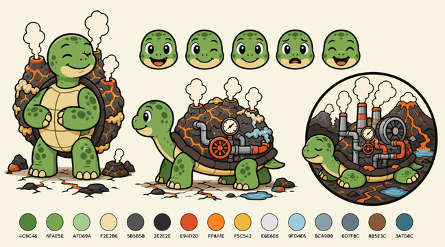 Cartoon Turtles in Industrial Pollution Scene.
