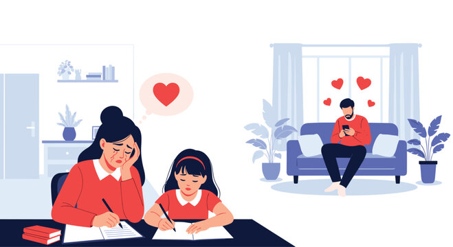 Sad mother and daughter studying at a desk while a father sits on a sofa in the background ignoring them and using his phone.