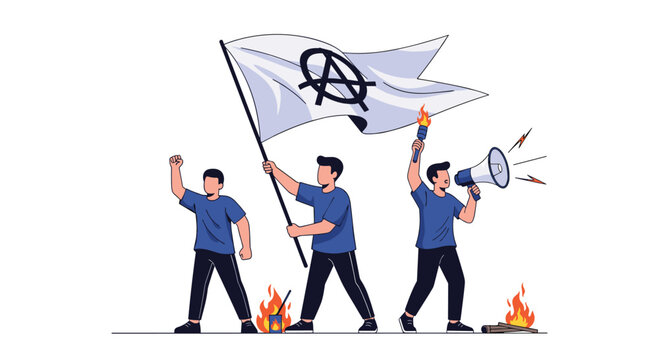 Group of young activists protesting with a black anarchy flag, a megaphone, and a torch in front of small burning fires.
