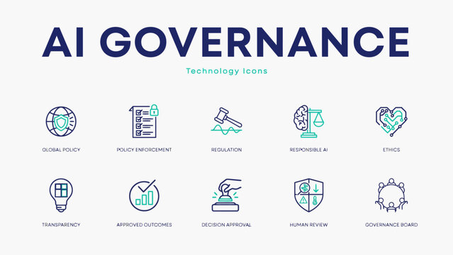 Ai governance infographic with ten key principles illustrated as icons . Vector Flat Illustration.
