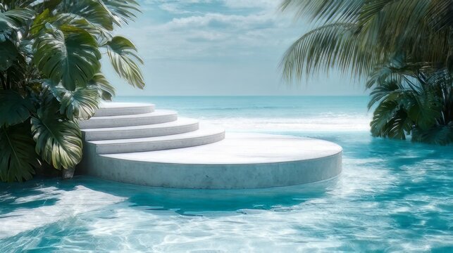 Modern stone and wood podium product displays, situated in a tranquil swimming pool surrounded by lush tropical palms. Multitiered concrete platform with inlaid nestled in crystalline surface. 
