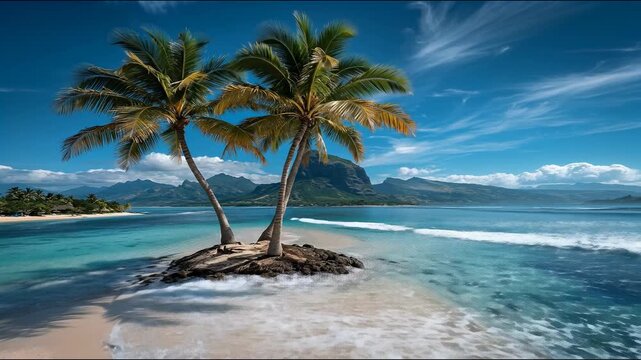 Two palm trees on a tiny island in the middle of a turquoise lagoon epitomise a heavenly retreat, providing an idyllic backdrop for adverts for tropical resorts.
