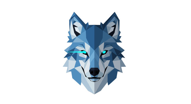 Geometric Wolf Head Illustration with Blue Poly Art Style.