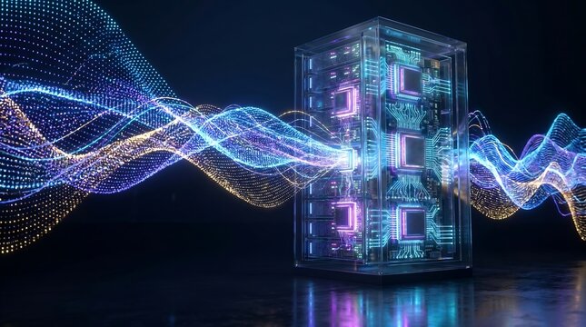 Futuristic transparent computer server with glowing circuit board and neon wave