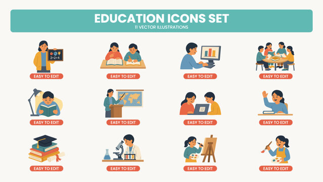 Set of twelve colorful education icons showing various learning activities and professions . Vector Flat Illustration.