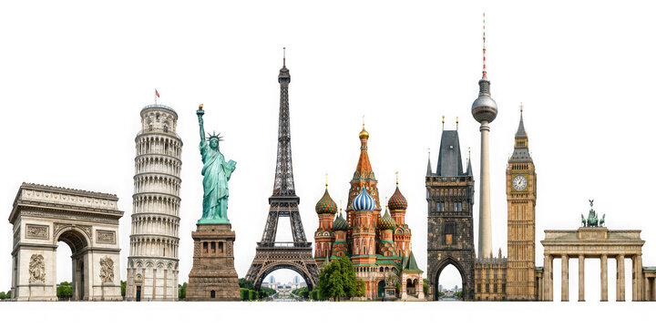 World landmarks and famous monuments photo collage isolated on panoramic transparent background, international travel, study and business, png file