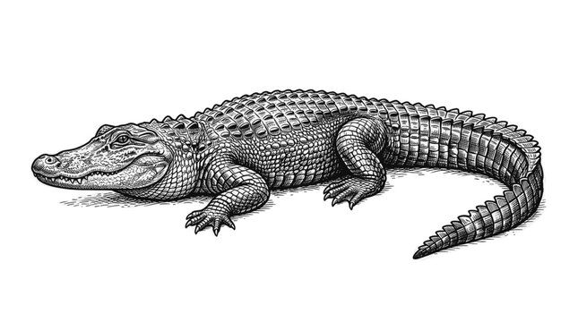 Alligator Vintage Engraving Black and White Illustration