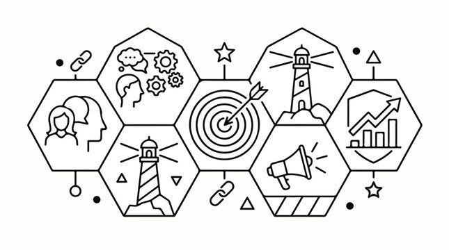 Geometric vector style design shows branding elements in minimalistic honeycomb pattern