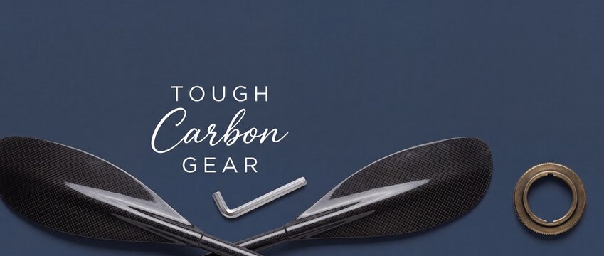 Carbon fiber kayak paddle blades with wrench gear tools on dark blue background layout, professional outdoor water sports equipment flat lay banner for tough adventure sports lifestyle concept themes.