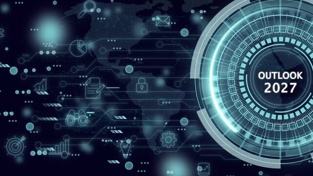Outlook 2027. Economic, innovation, business outlook concept. business view or economic growth forecast for 2027. Touching on virtual screen with OUTLOOK 2027 text and business trend icons. 4K motion