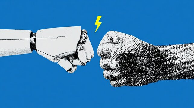 Minimalist flat illustration of human hand and robotic hand fist bump, centered artwork on solid blue background, white jointed robot hand, gradient black and white halftone human fist, yellow lightni