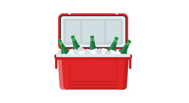 Red portable cooler with green bottle caps inside.