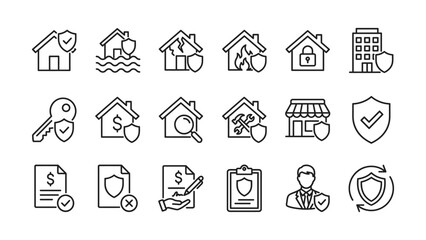 Fototapeta premium Home and property insurance line icons set representing security protection and various asset coverage concepts for web design
