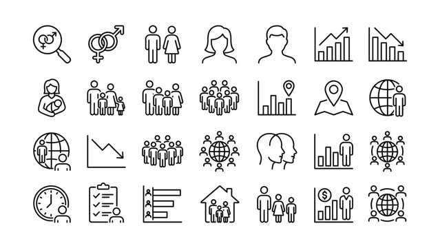 Modern flat line business people demographic data analysis population statistics vector icon set design