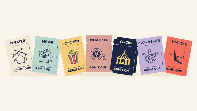 Set of vintage-style admit one tickets for entertainment events including theater, movie, popcorn, film reel, circus, clown show, and trapeze . Vector Flat Illustration.