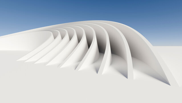 Futuristic white minimalist parametric architectural structure perspective with repeating curved elements against a blue sky, 3D render