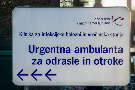 Ljubljana, Slovenia February 26, 2026 directional sign for the infectious diseases and febrile conditions clinic at the university medical center in ljubljana, 