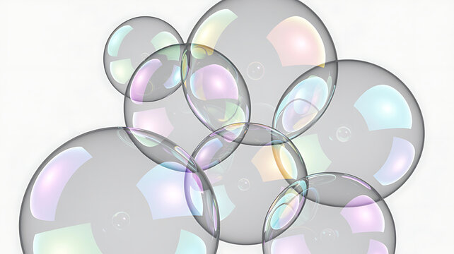 Iridescent bubbles on white background, floating soap bubbles transparent shiny