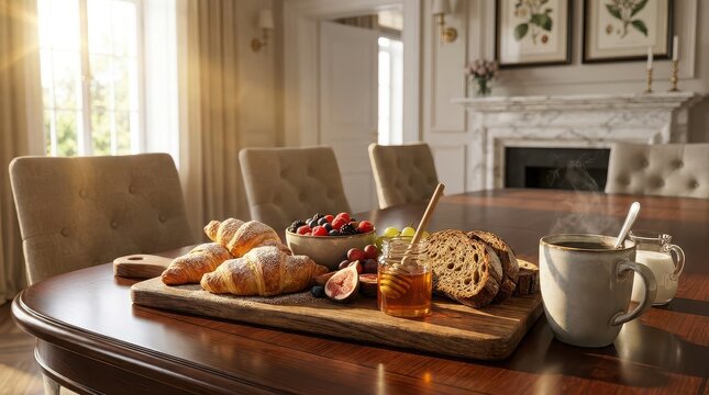 Hearty Breakfast Spread with Croissants, Bread, Berries, and Coffee standard photo