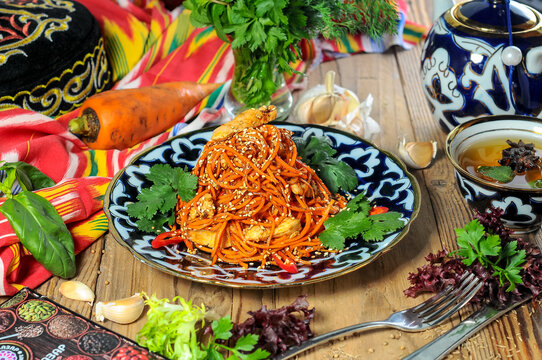 Uzbekistan national dish lagman with vegetables and meat
