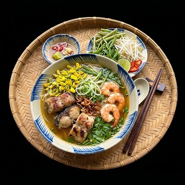 Bun Ca Kien Giang fish noodle soup featuring thick blocks of snakehead fish fillet, shrimp, and wild sesbania sesban yellow flowers,
