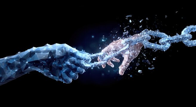 Futuristic human hands reaching and breaking free from digital chain link