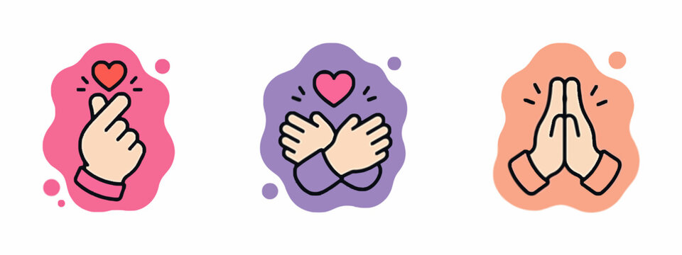 Hand Gestures Set Korean Finger Heart Crossed Hands Love Praying Palms Vector